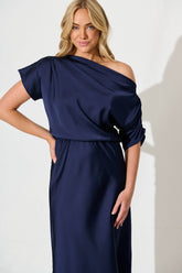 Navy Satin Off Shoulder Maxi Dress